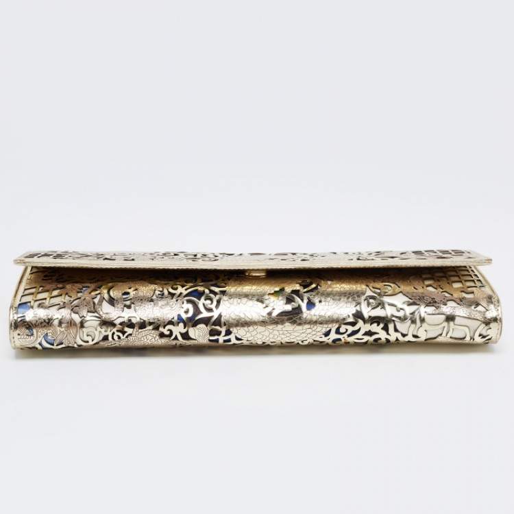 Pre Owned Roberto Cavalli Gold Laser Cut Patent Leather and Floral Fabric Long Chain Clutch