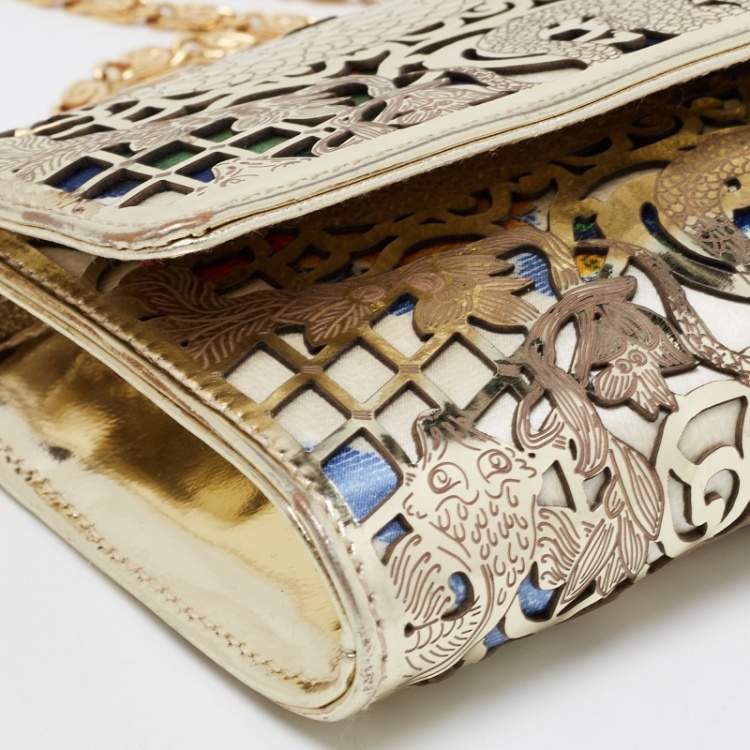 Pre Owned Roberto Cavalli Gold Laser Cut Patent Leather and Floral Fabric Long Chain Clutch