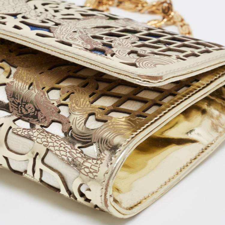 Pre Owned Roberto Cavalli Gold Laser Cut Patent Leather and Floral Fabric Long Chain Clutch