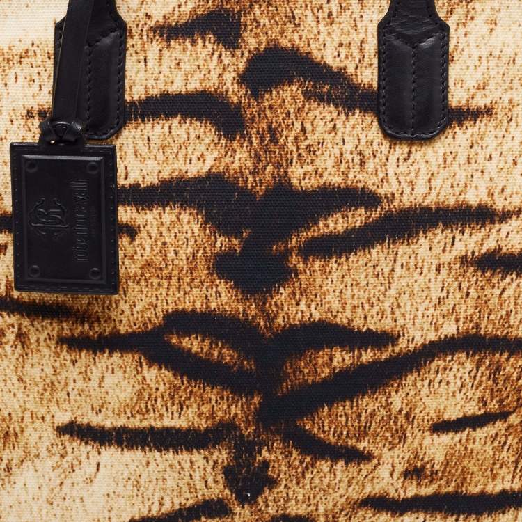Pre Owned Roberto Cavalli Beige/Brown Animal Print Canvas And Leather Tote