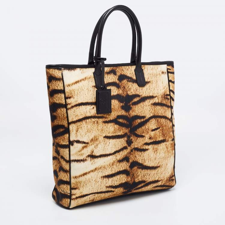 Pre Owned Roberto Cavalli Beige/Brown Animal Print Canvas And Leather Tote