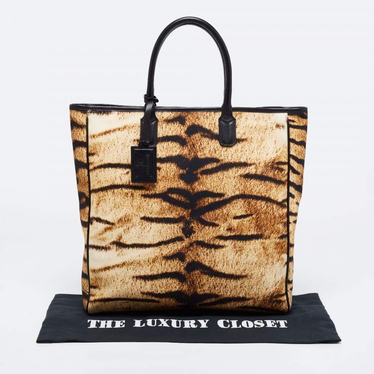 Pre Owned Roberto Cavalli Beige/Brown Animal Print Canvas And Leather Tote