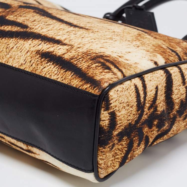 Pre Owned Roberto Cavalli Beige/Brown Animal Print Canvas And Leather Tote