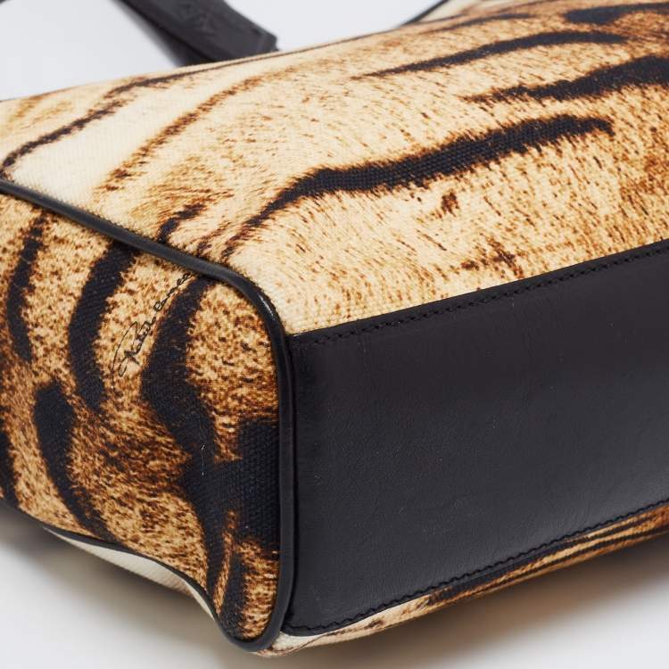 Pre Owned Roberto Cavalli Beige/Brown Animal Print Canvas And Leather Tote