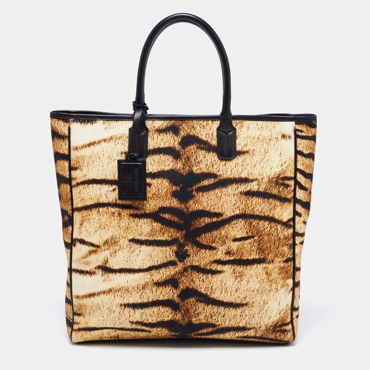 Pre Owned Roberto Cavalli Beige/Brown Animal Print Canvas And Leather Tote
