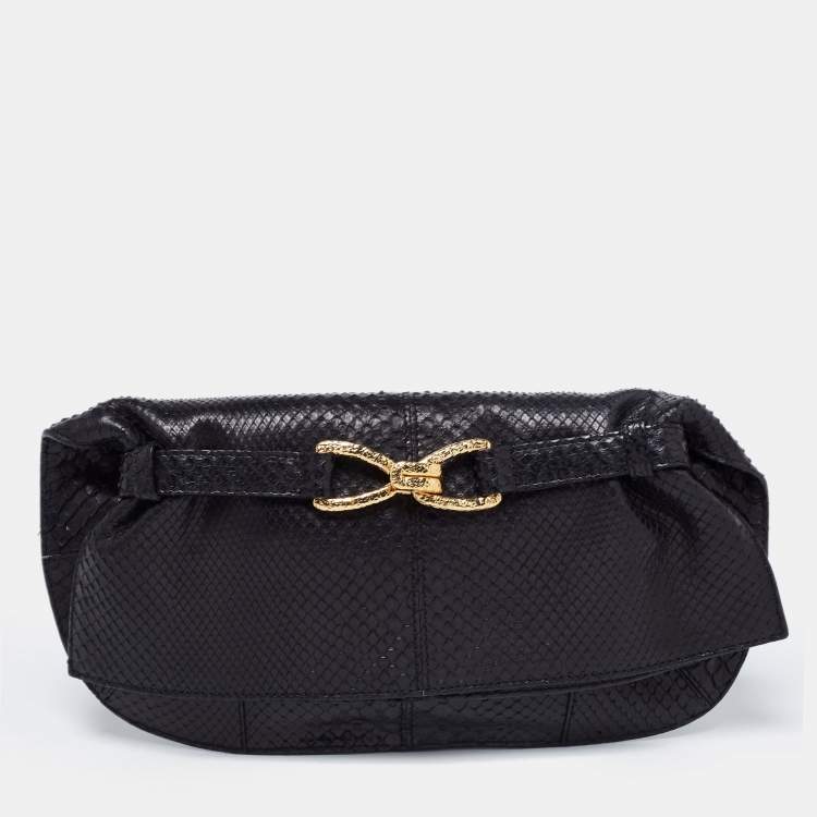 Pre Owned Roberto Cavalli Black Python Fold Over Clutch