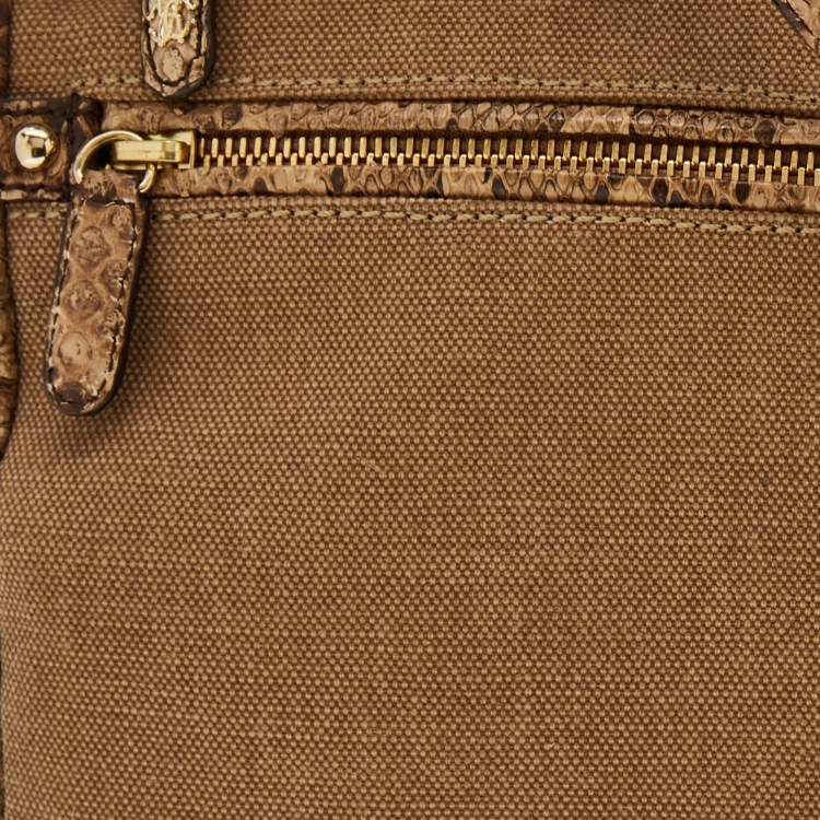Pre Owned Roberto Cavalli Brown/Beige Canvas And Python Top Handle Bag