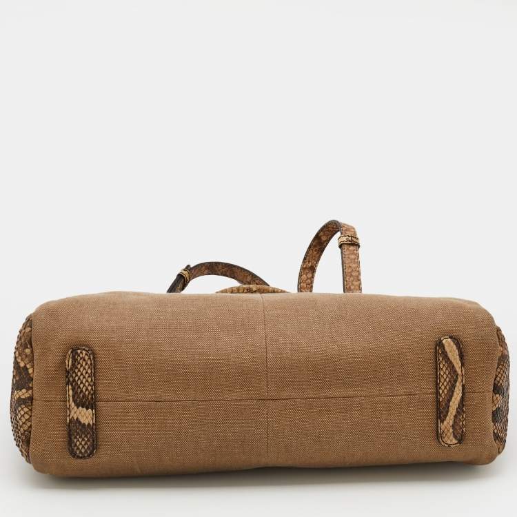 Pre Owned Roberto Cavalli Brown/Beige Canvas And Python Top Handle Bag