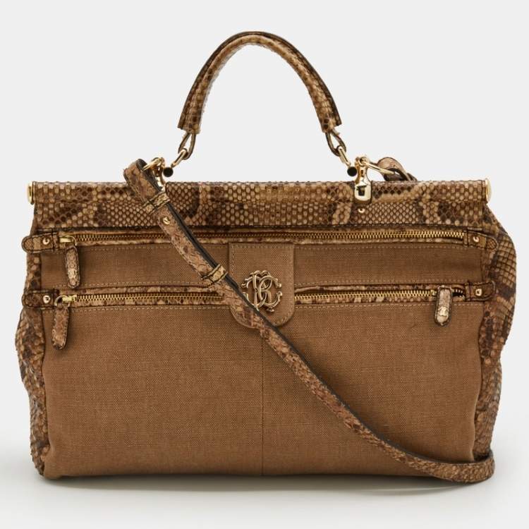 Pre Owned Roberto Cavalli Brown/Beige Canvas And Python Top Handle Bag