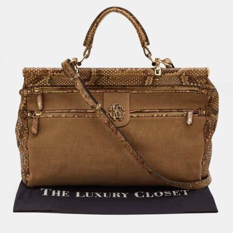 Pre Owned Roberto Cavalli Brown/Beige Canvas And Python Top Handle Bag