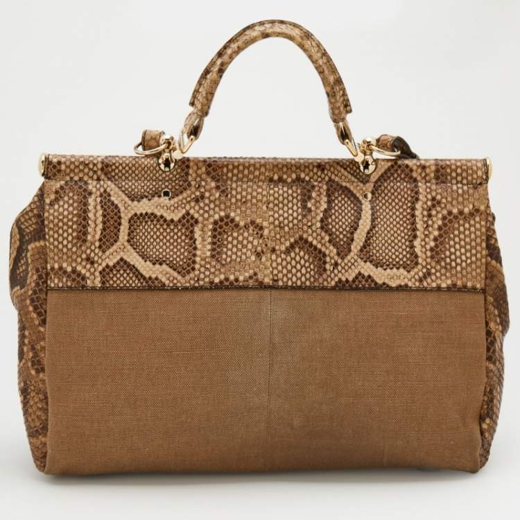 Pre Owned Roberto Cavalli Brown/Beige Canvas And Python Top Handle Bag
