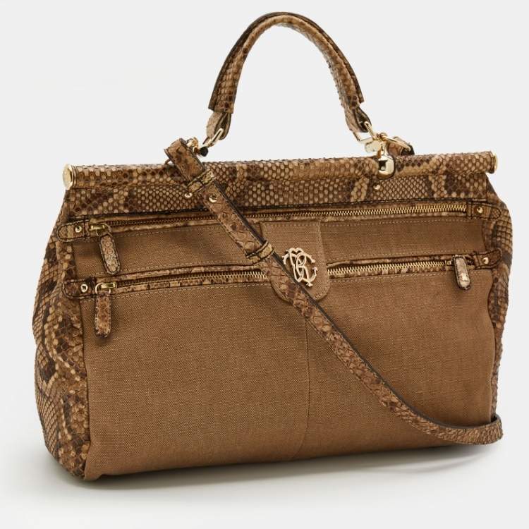 Pre Owned Roberto Cavalli Brown/Beige Canvas And Python Top Handle Bag