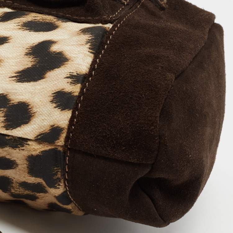 Pre Owned Roberto Cavalli Brown Leopard Print Fabric And Suede Mini Bucket Bag 