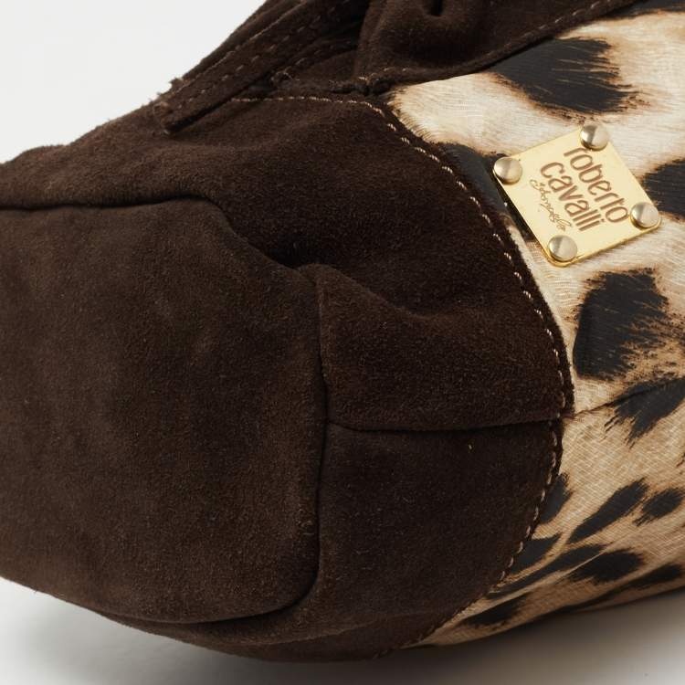 Pre Owned Roberto Cavalli Brown Leopard Print Fabric And Suede Mini Bucket Bag 