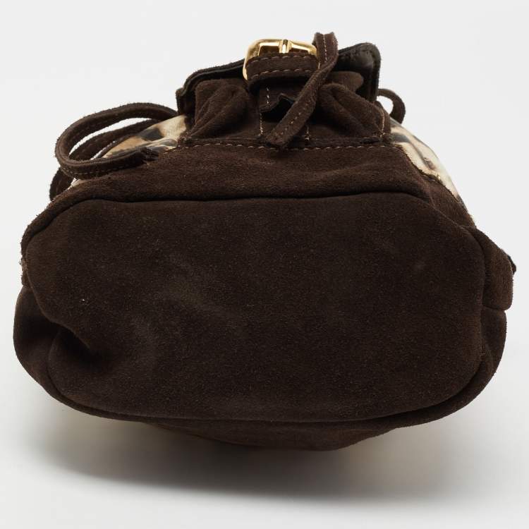 Pre Owned Roberto Cavalli Brown Leopard Print Fabric And Suede Mini Bucket Bag 