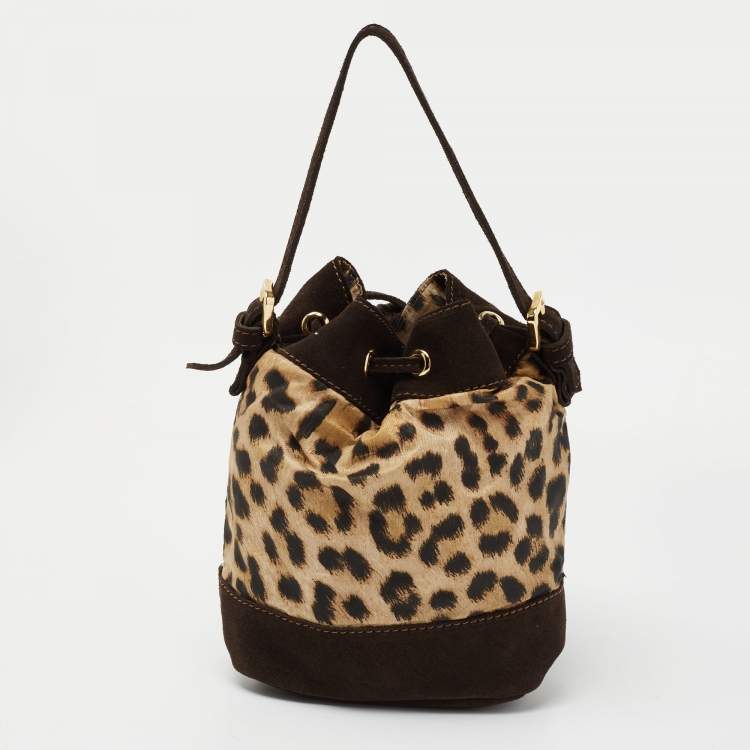 Pre Owned Roberto Cavalli Brown Leopard Print Fabric And Suede Mini Bucket Bag 