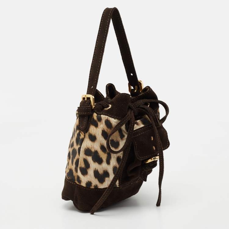 Pre Owned Roberto Cavalli Brown Leopard Print Fabric And Suede Mini Bucket Bag 