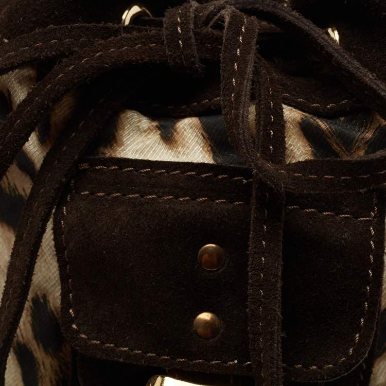 Pre Owned Roberto Cavalli Brown Leopard Print Fabric And Suede Mini Bucket Bag 