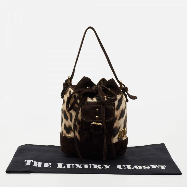 Pre Owned Roberto Cavalli Brown Leopard Print Fabric And Suede Mini Bucket Bag 