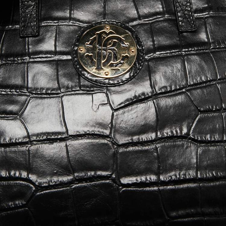 Pre Owned Roberto Cavalli Black Croc Embossed Leather Tote