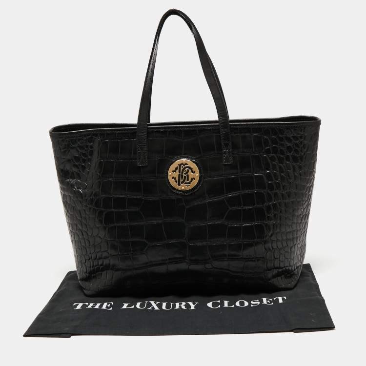 Pre Owned Roberto Cavalli Black Croc Embossed Leather Tote