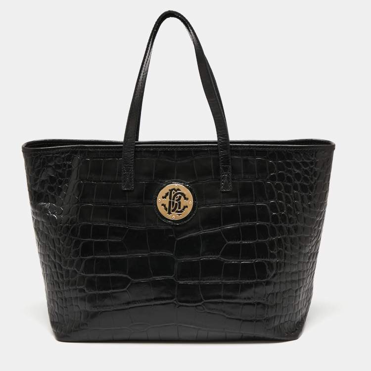 Pre Owned Roberto Cavalli Black Croc Embossed Leather Tote