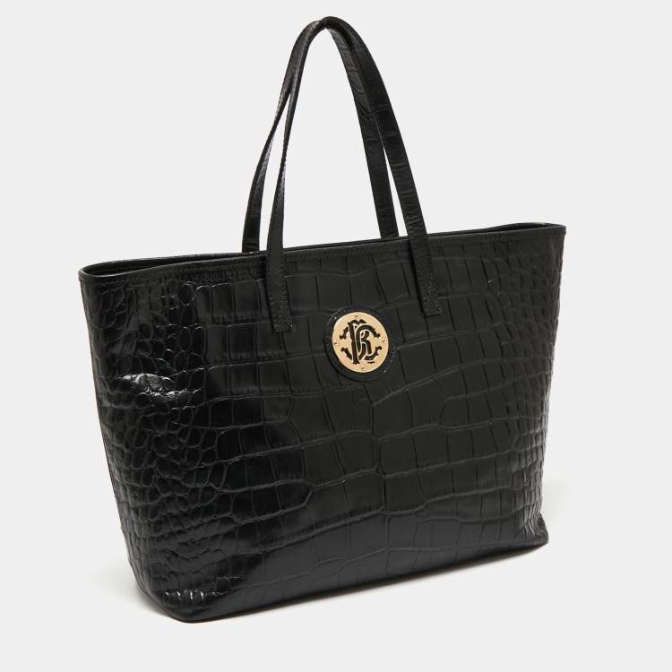 Pre Owned Roberto Cavalli Black Croc Embossed Leather Tote