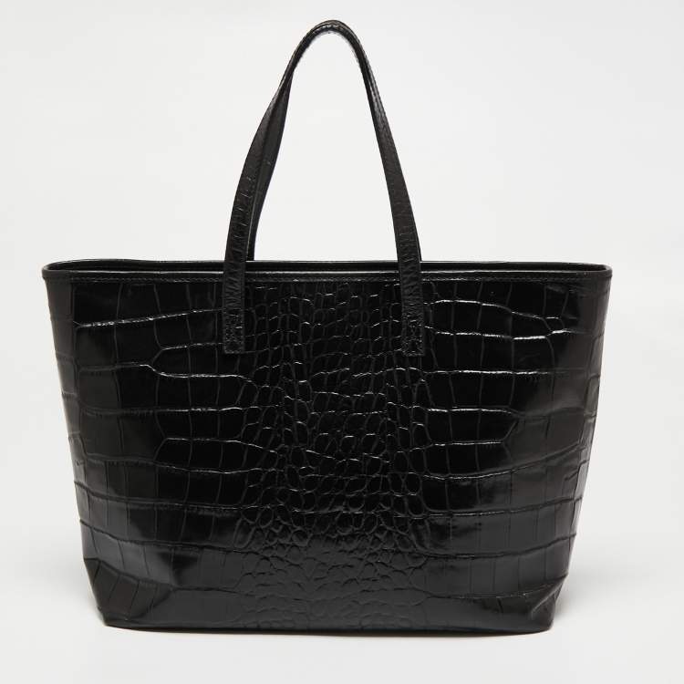 Pre Owned Roberto Cavalli Black Croc Embossed Leather Tote