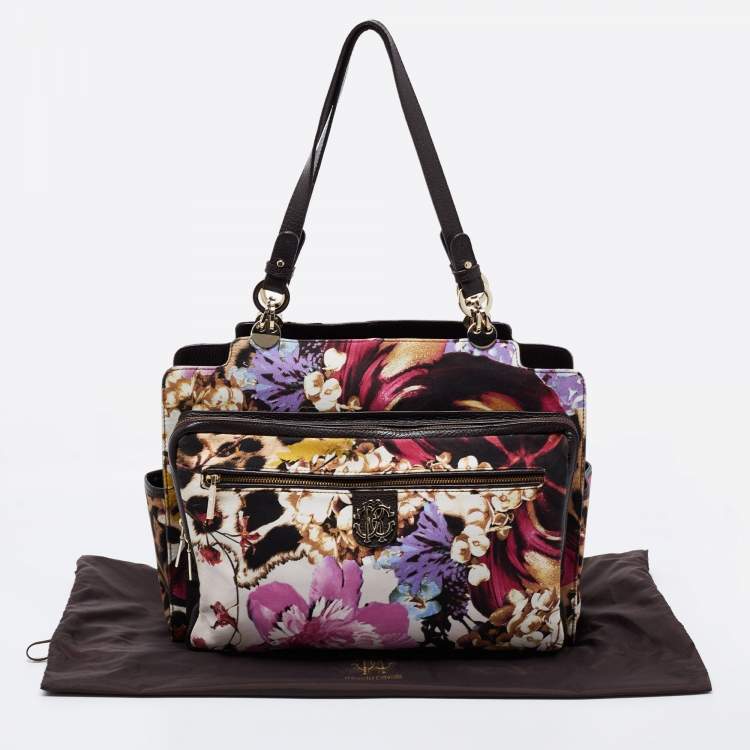 Pre Owned Roberto Cavalli Multicolor Floral Print Fabric and Leather Tote