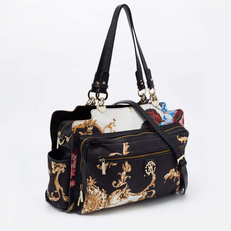 Pre Owned Roberto Cavalli Multicolor Floral Print Fabric and Leather Tote