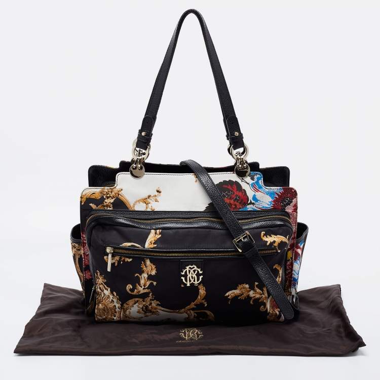 Pre Owned Roberto Cavalli Multicolor Floral Print Fabric and Leather Tote