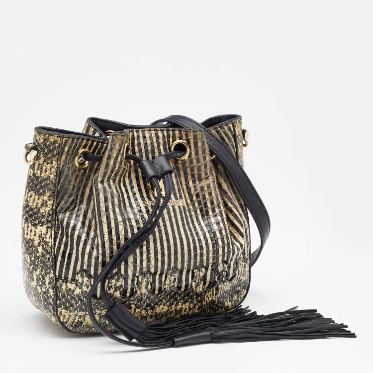 Pre Owned Roberto Cavalli Black/Cream Snakeskin Leather Bucket Bag