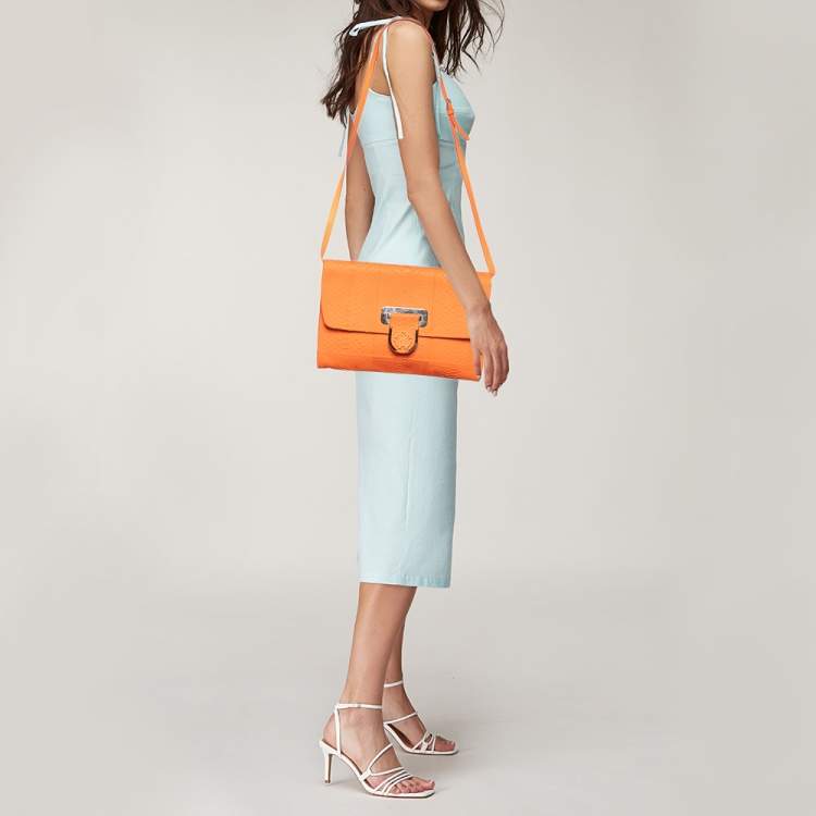 Pre Owned Roberto Cavalli Neon Orange Python Leather Ambition Flap Clutch