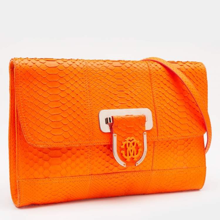 Pre Owned Roberto Cavalli Neon Orange Python Leather Ambition Flap Clutch