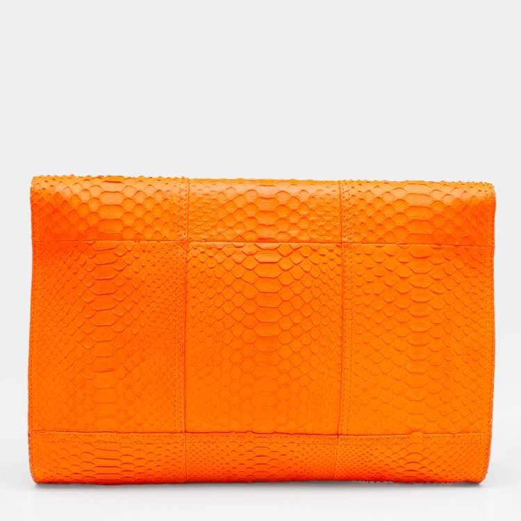 Pre Owned Roberto Cavalli Neon Orange Python Leather Ambition Flap Clutch