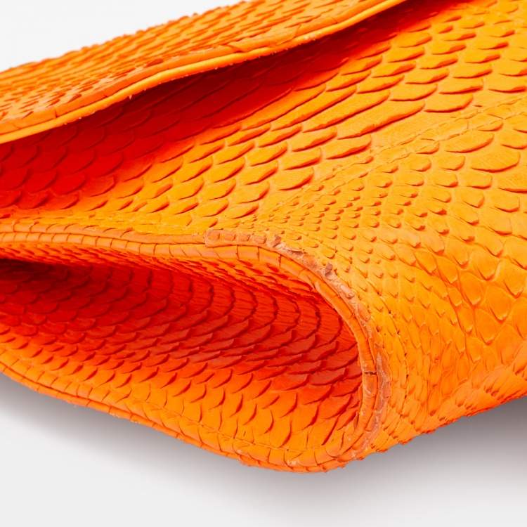 Pre Owned Roberto Cavalli Neon Orange Python Leather Ambition Flap Clutch