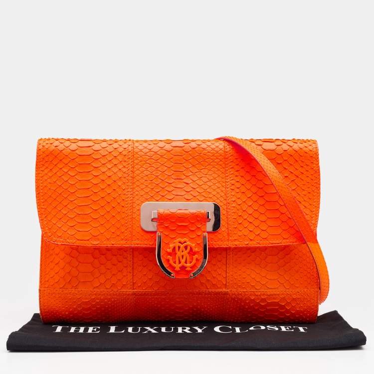 Pre Owned Roberto Cavalli Neon Orange Python Leather Ambition Flap Clutch