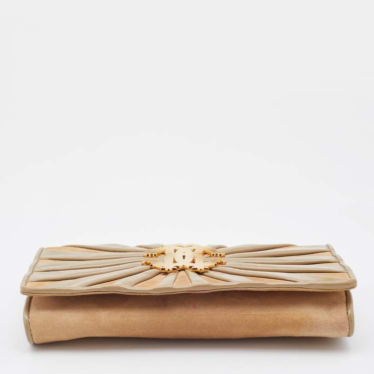 Pre Owned Roberto Cavalli Beige Suede and Leather Logo Embellished Clutch