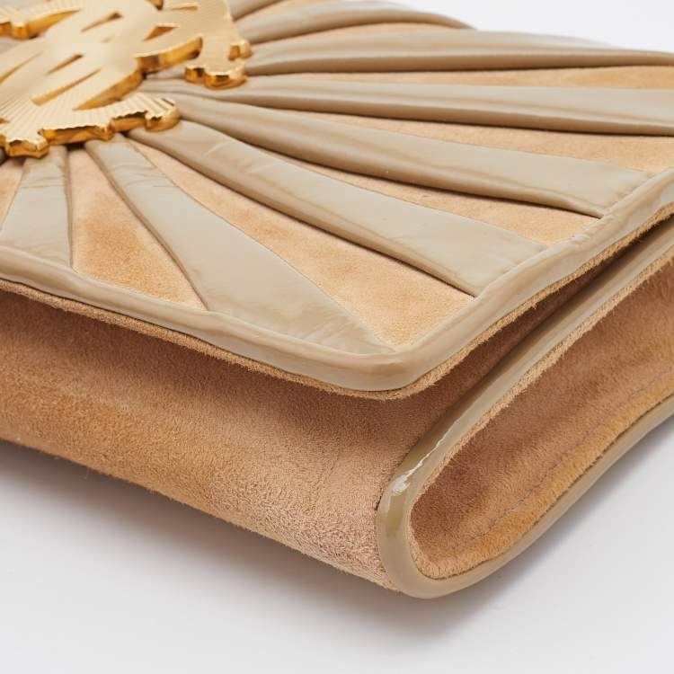 Pre Owned Roberto Cavalli Beige Suede and Leather Logo Embellished Clutch