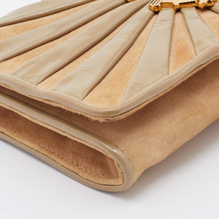 Pre Owned Roberto Cavalli Beige Suede and Leather Logo Embellished Clutch