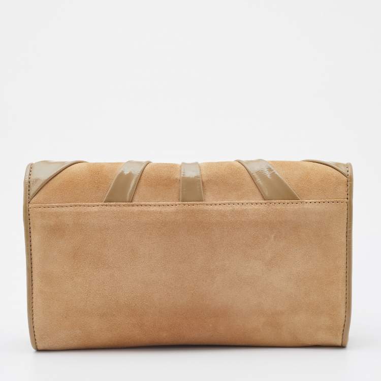 Pre Owned Roberto Cavalli Beige Suede and Leather Logo Embellished Clutch