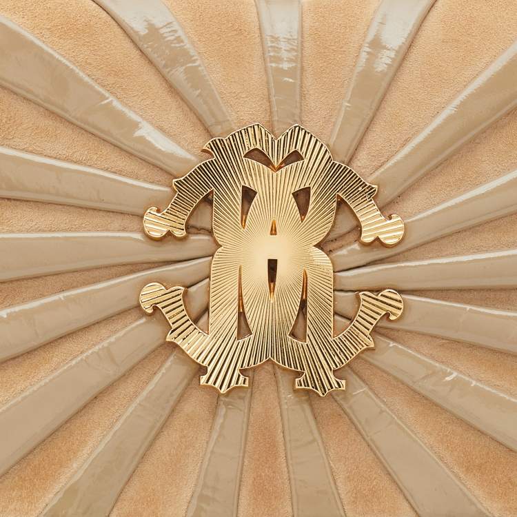 Pre Owned Roberto Cavalli Beige Suede and Leather Logo Embellished Clutch