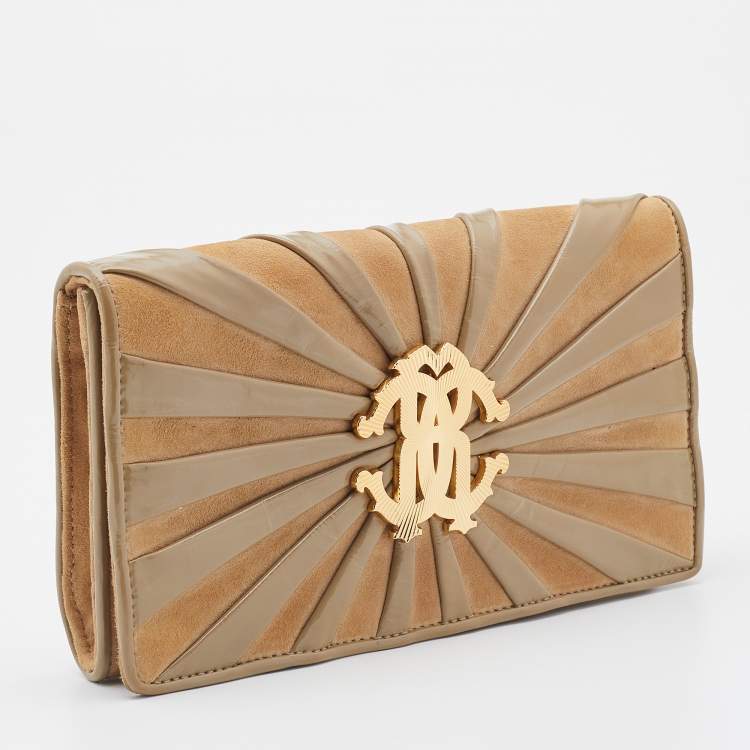 Pre Owned Roberto Cavalli Beige Suede and Leather Logo Embellished Clutch