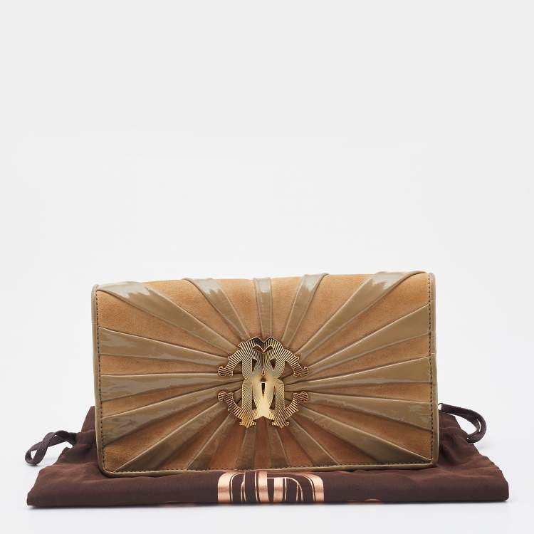 Pre Owned Roberto Cavalli Beige Suede and Leather Logo Embellished Clutch