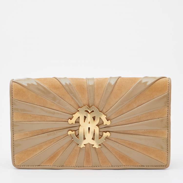 Pre Owned Roberto Cavalli Beige Suede and Leather Logo Embellished Clutch