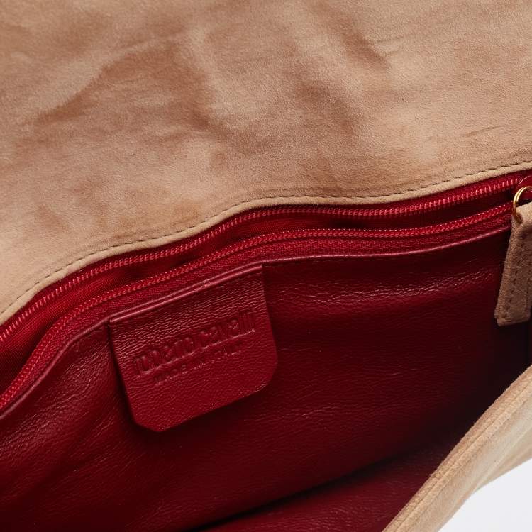 Pre Owned Roberto Cavalli Beige Suede and Leather Logo Embellished Clutch