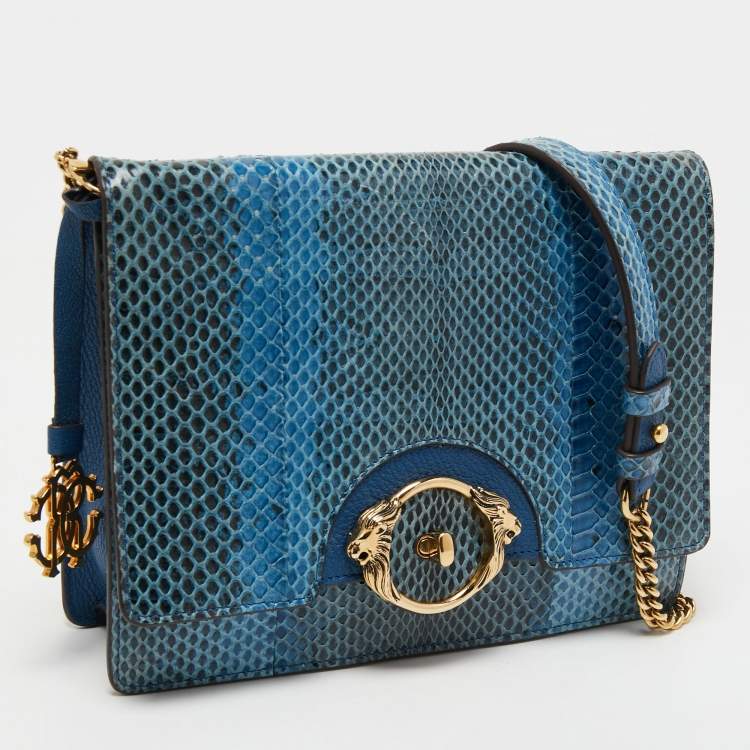 Pre Owned Roberto Cavalli Blue Watersnake Leather Lion Head Flap Shoulder Bag