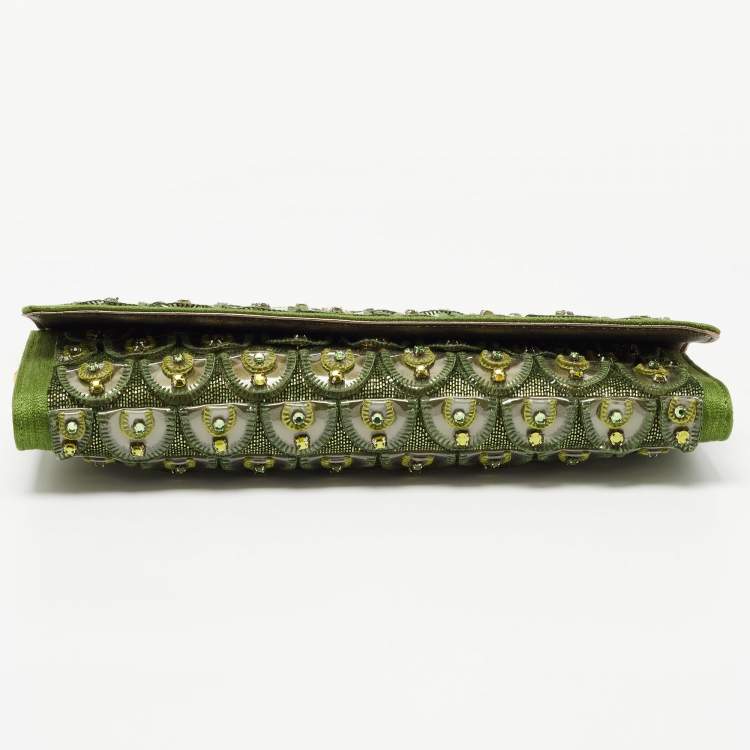 Pre Owned Roberto Cavalli Green Fabric and PVC Embellished Chain Clutch