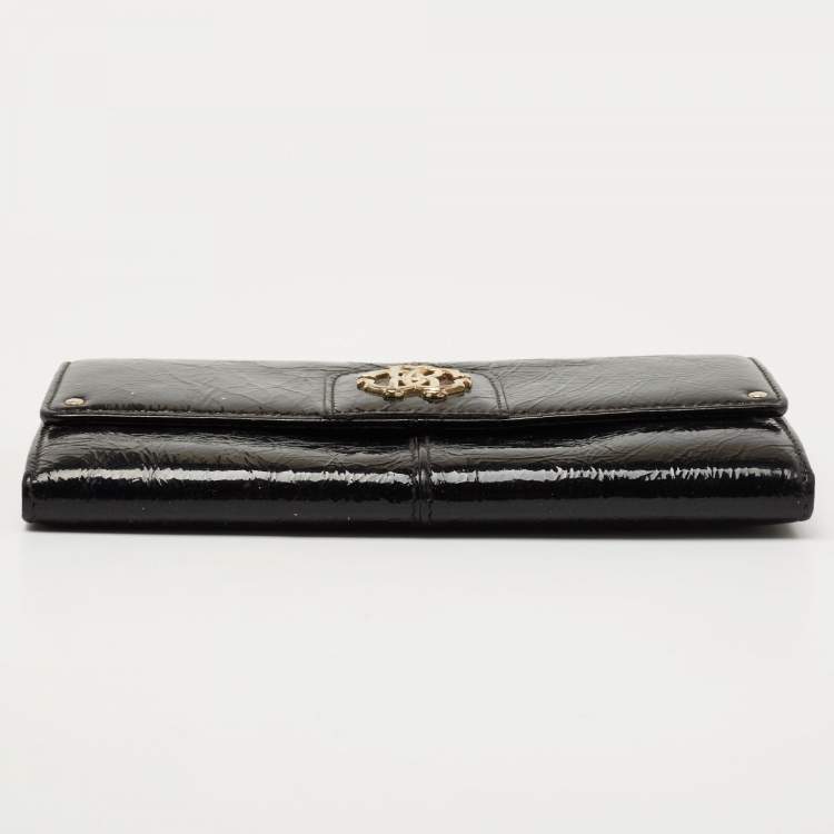 Pre Owned Roberto Cavalli Black Patent Leather Flap Wallet On Chain 