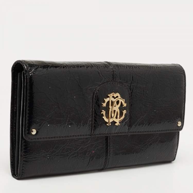 Pre Owned Roberto Cavalli Black Patent Leather Flap Wallet On Chain 
